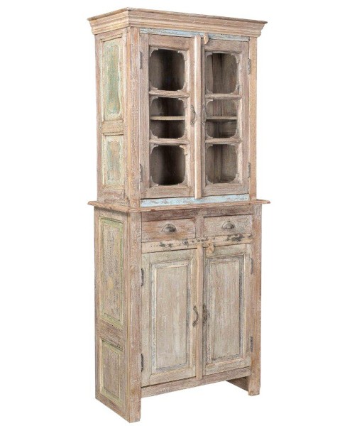 Hohe farbige Teakholz Vitrine - Shabby-Chic Vitrinen-Schränke - shabby