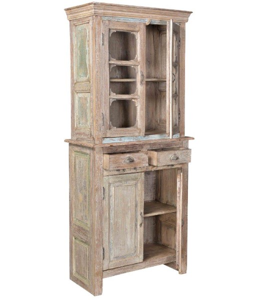 Hohe farbige Teakholz Vitrine - Shabby-Chic Vitrinen-Schränke - shabby